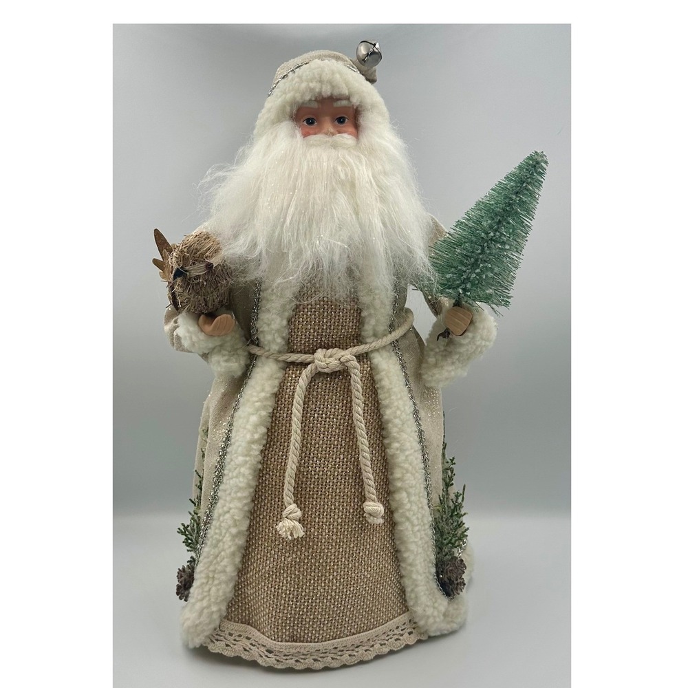 Rustic Woodland Santa Claus Figurine Cream Burlap Coat Decor 15" Tree Topper